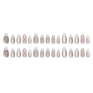 Champagne cat eye press-on nails with 3D white flowers and sparkling diamond accents