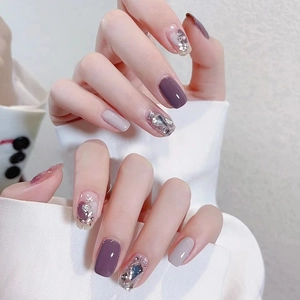 Purple Grey Press On Nails With Shell Design Marble Pattern Elegant Sparkling Rhinestone Heart For Women