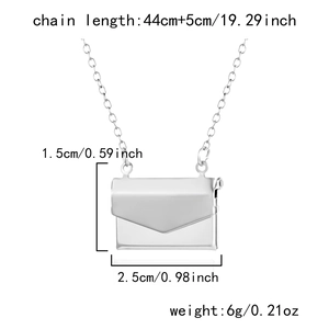 Silver envelope locket necklace showing dimensions of 44cm chain and 2.5cm pendant size