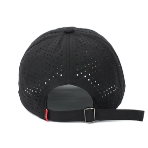 Breathable black quick-dry baseball cap with laser-cut holes and metal adjustment buckle