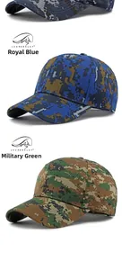 Detailed view of digital camouflage baseball caps in royal blue and army green colors