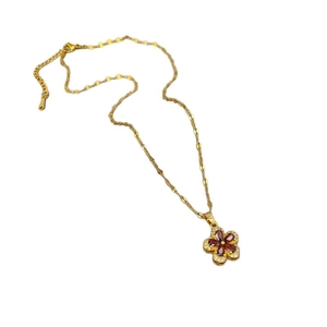 Elegant gold titanium steel necklace featuring a pomegranate red five-petal flower pendant