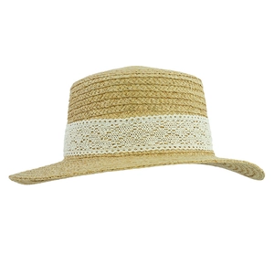 Handwoven straw sun hat with elegant white lace trim for summer beach protection