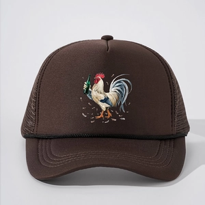 Detail of a brown trucker hat with rooster graphic print and breathable mesh back