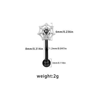 Spider web piercing jewelry with black cubic zirconia and detailed size measurements