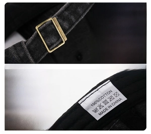 Detail view of cotton baseball cap showing adjustable antique metal buckle and 100% cotton label