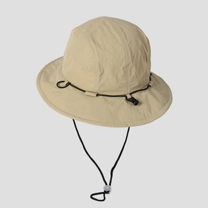 Detail of outdoor hiking hat with adjustable chin strap and water-repellent fabric