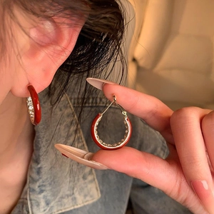 14K gold plated hoop earrings with red enamel and pavé zircon stones in retro style