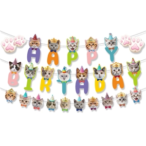 Colorful Happy Birthday banner featuring cute cat faces and paws on white background