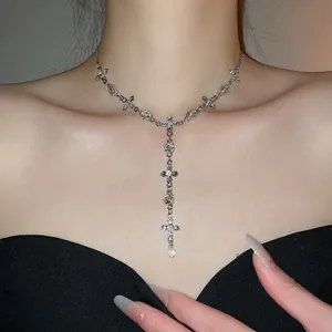 Sparkling crystal cross water drop pendant necklace in Y-shape elegant silver finish