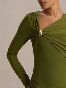Olive green off-shoulder long sleeve dress with ruffle trim and gold ring detail