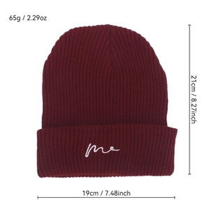 Winter rib-knit beanie hat in wine red with me embroidery and cuffed ear protection