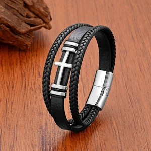 Men Multilayer Braided Leather Bracelet With Stainless Steel Cross Charm And Magnetic Clasp Punk Vintage Style