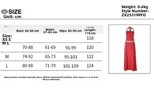 Size chart for halter sequin evening dress showing bust, waist, and hips in cm