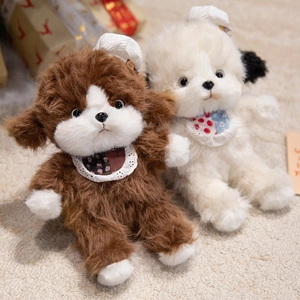 Plush teddy dog toys with chef hats and bibs sitting on a cozy soft carpet for children