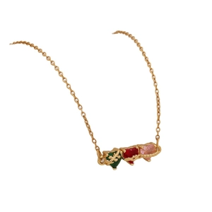 Gold chain necklace with three colorful heart pendants in green, red and pink