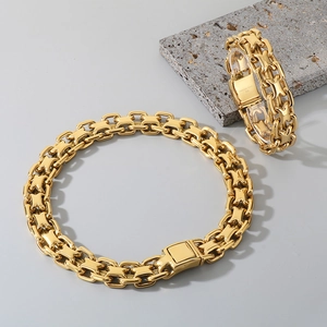 Men's 18K gold plated stainless steel necklace and bracelet set with X-link chain design