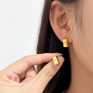 18K gold plated stainless steel rectangle bar earrings with engraved GOLD lettering
