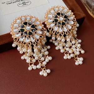 Vintage style heart drop earrings with white pearls and crystal stones on gold base