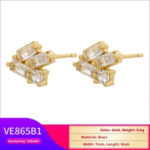 Detailed view of 18K gold plated brass stud earrings with cubic zirconia cluster design