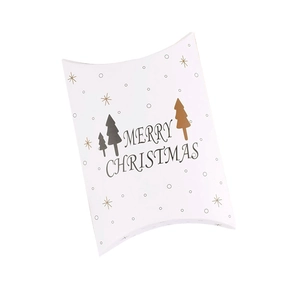 White pillow-shaped Christmas gift box with golden tree patterns and Merry Christmas text