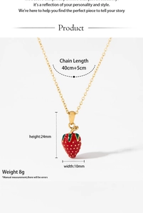 Detailed view of red strawberry pendant necklace with dimensions and gold chain features