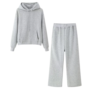 Women's grey cotton knit hoodie and pants two-piece lounge set shown in flat lay