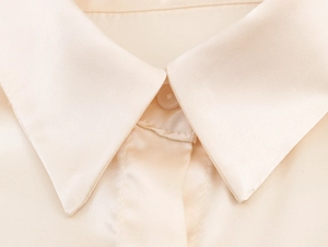 Detail eines eleganten Champagner-Satinhemdkragens mit Seidentextur und Ton-Knopf