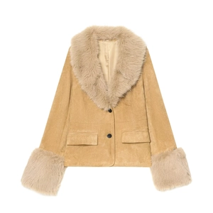 Veste En Suède Pour Femmes Avec Col En Fausse Fourrure Revers Manches Longues Boutonnée Chic Décontracté Khaki Court