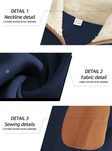 Detail of navy and beige fleece jacket showing neckline, fabric texture and sewing