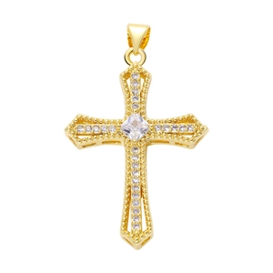 Detailed close-up of a gold-plated cross pendant with sparkling clear cubic zirconia stones