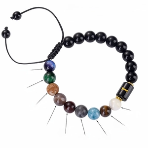 Solar system eight planets bracelet with black onyx beads and natural stones on white background