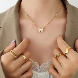 18K gold plated butterfly necklace with zircon pendant and geometric rings set