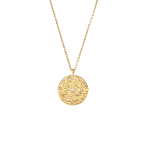 Collana con ciondolo a moneta d'oro, motivo a stella, zirconi e perla su catena fine