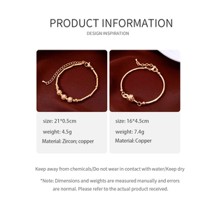 Close-up of 18K gold plated bamboo link bracelets with zircon details and measurements