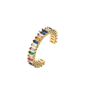 Gold plated ear cuff with a row of colorful rectangular zircons in a minimalist style