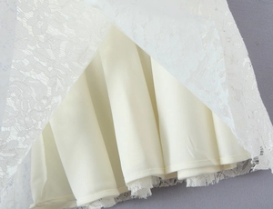 Détail de la dentelle blanche délicate et de la doublure opaque sur une robe chic