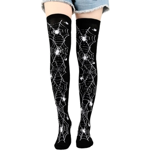 Close-up of Halloween over-the-knee socks with white spider web and spider patterns