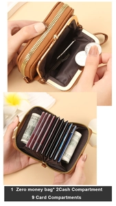 Detail view of brown leather wallet with 9 card slots and coin pocket compartments