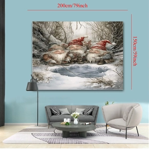 Detail of Christmas tapestry featuring three fishing gnomes in a frozen winter forest