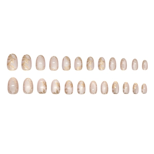 Pink pearl oval press-on nails with 3D golden embossed flowers and leaf patterns
