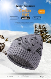 Detail of grey knitted winter hat with thick fleece lining and black cedar tree patterns