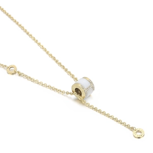 Elegant gold titanium steel necklace with white cat eye stone pendant and diamond accents