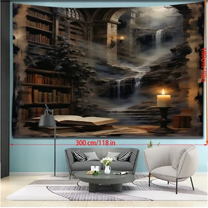 Fantasy library wall tapestry for Halloween home decor, 300x180cm large wall hanging