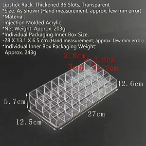Detail showing 36 slots tiered transparent acrylic lipstick organizer for desktop