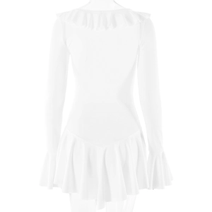 Detail view of the white long-sleeve dress showing pleated skirt and ruffled neckline details