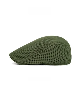 Detail view showing breathable mesh fabric on side of olive green military flat cap