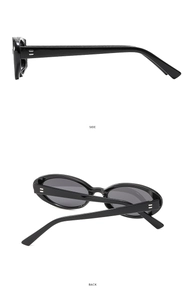 Detailed side and back views of black oval sunglasses featuring silver metal rivets