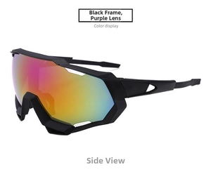 Side view of black frame cycling sunglasses with colorful purple gradient lenses