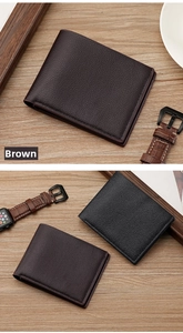 Short bifold men's wallet with lychee grain texture shown in brown and black leather